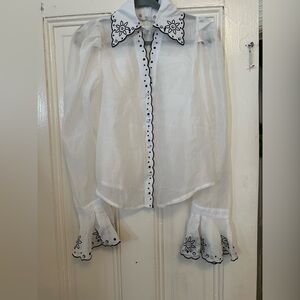 Beulah White Sheer Blouse with Black Floral Embroidery size small nwot